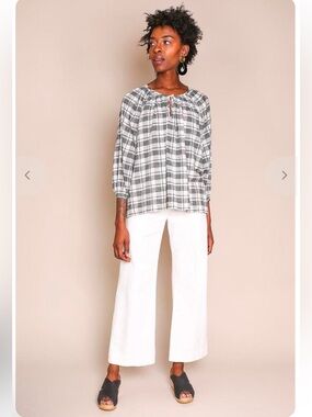 The GREAT. Black & White The Dreamer Plaid Puff Sleeve Blouse Top Windmill Plaid